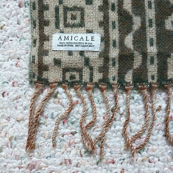 Amicale Scarf Beige Brown 100% Mercerized Wool Ethnic Geometric Fringes Unisex - Picture 5 of 6